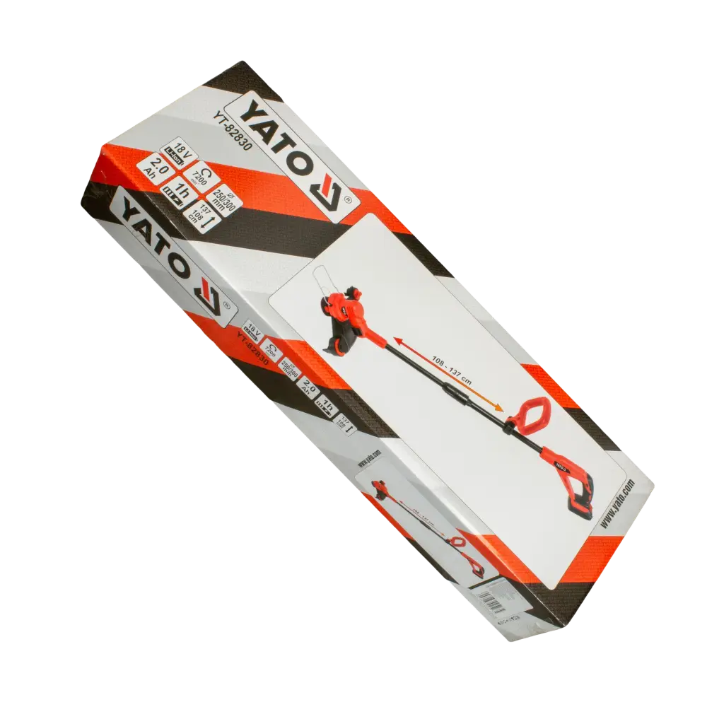 Yato akkutrimmeri 18v oranssi ja musta yt-82030 johdoton siimaleikkuri myyntipakkauksessa