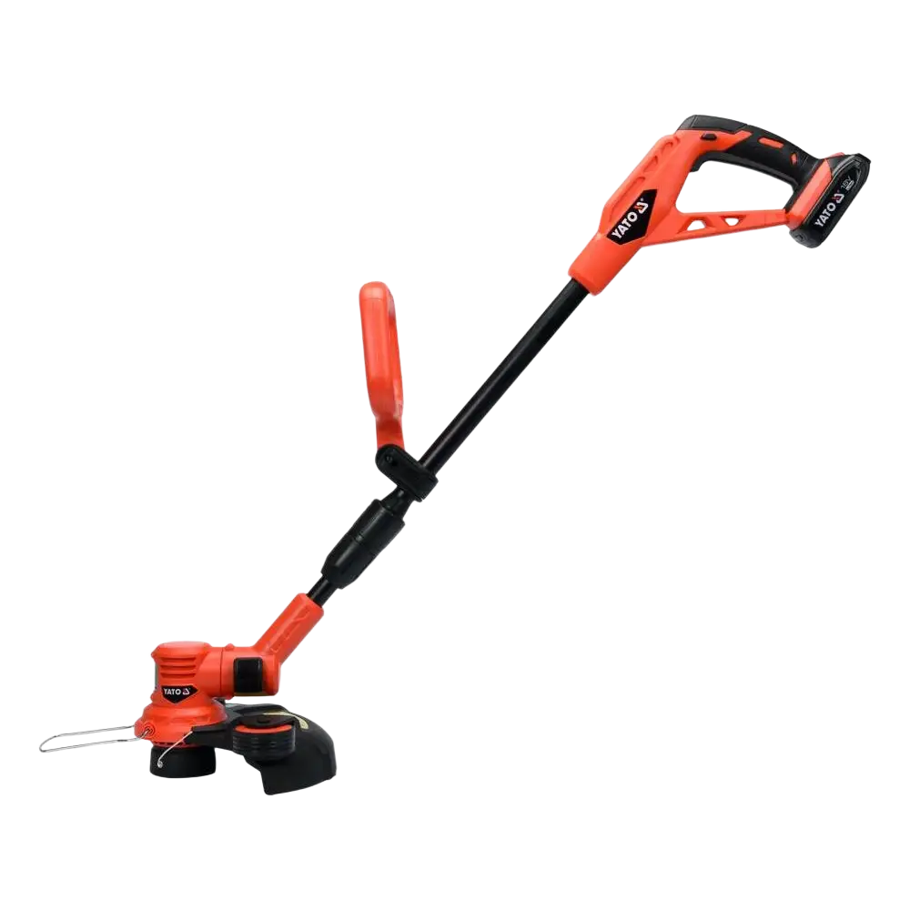 Orange ja musta yato akkutrimmeri 18v ergonomisella kahvalla ja säädettävällä varrella 108-137 cm runko