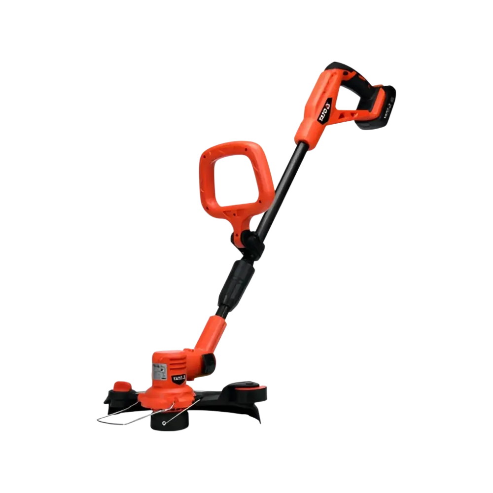 Oranssi ja musta yato akkutrimmeri 18v ergonomisella kahvalla ja säädettävällä varrella 108-137 cm runko