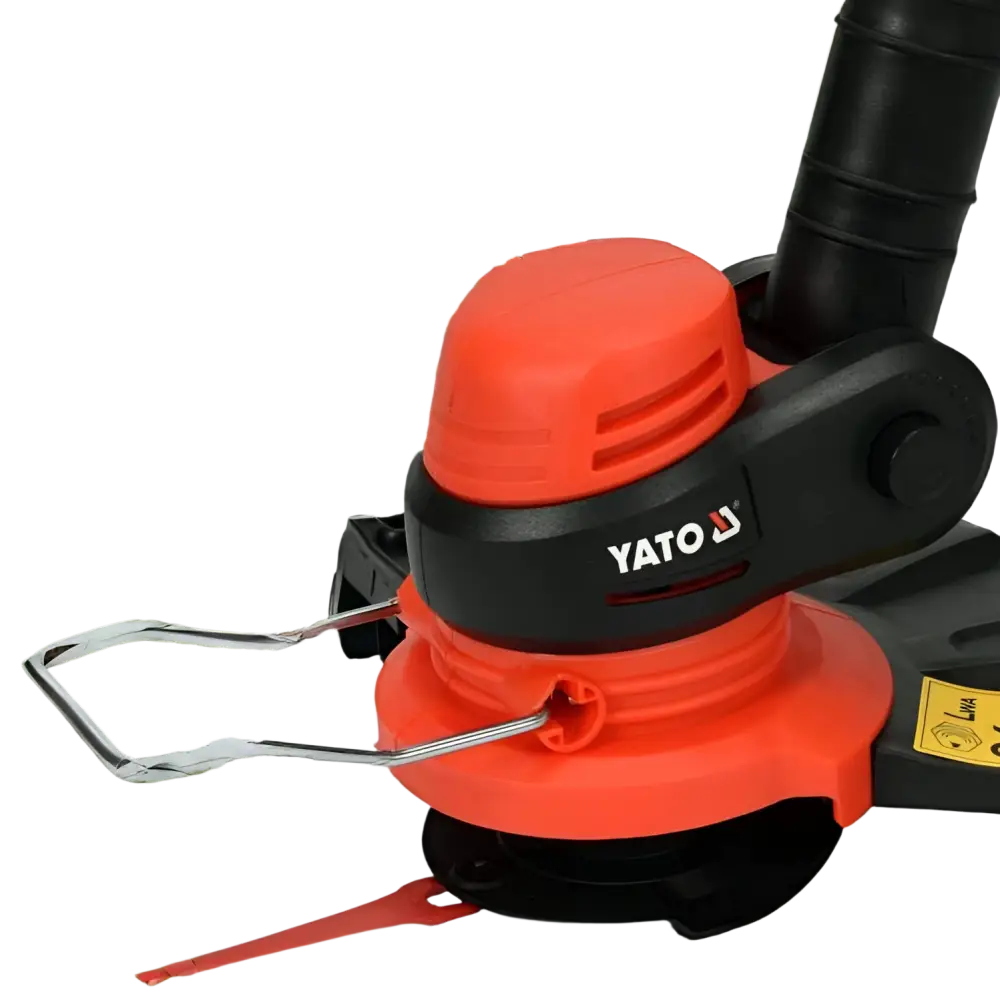 Yato akkutrimmeri 18v 2-in-1 orange and black electric grass trimmer with red cutting blade for versatile use