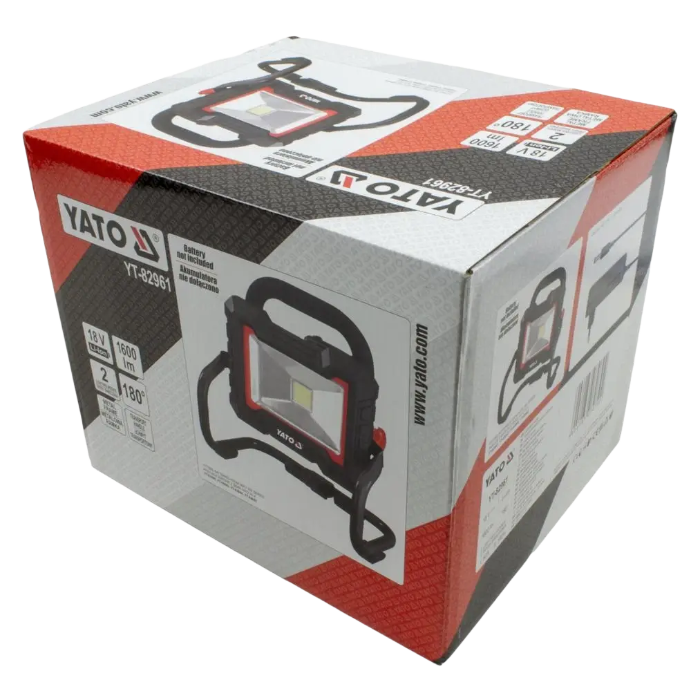 Yato 18v li-ion akkutyövalaisin 1600lm 20w musta ja punainen portable led työvalo myyntipakkauksessa
