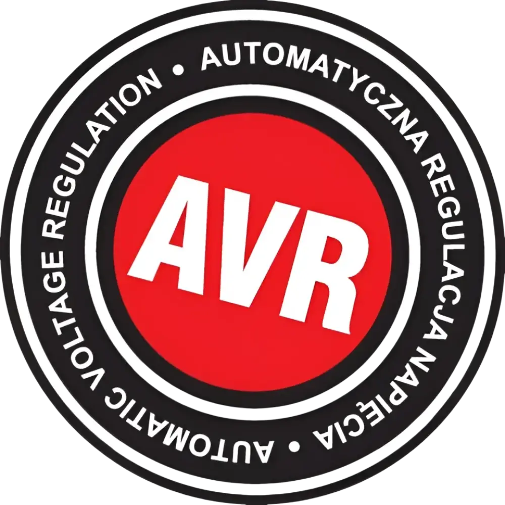 Punainen pyöreä logo, jossa valkoinen avr teksti ja mustat kehät avr automaattisen jännitteen säätö yato generaattori 2700w