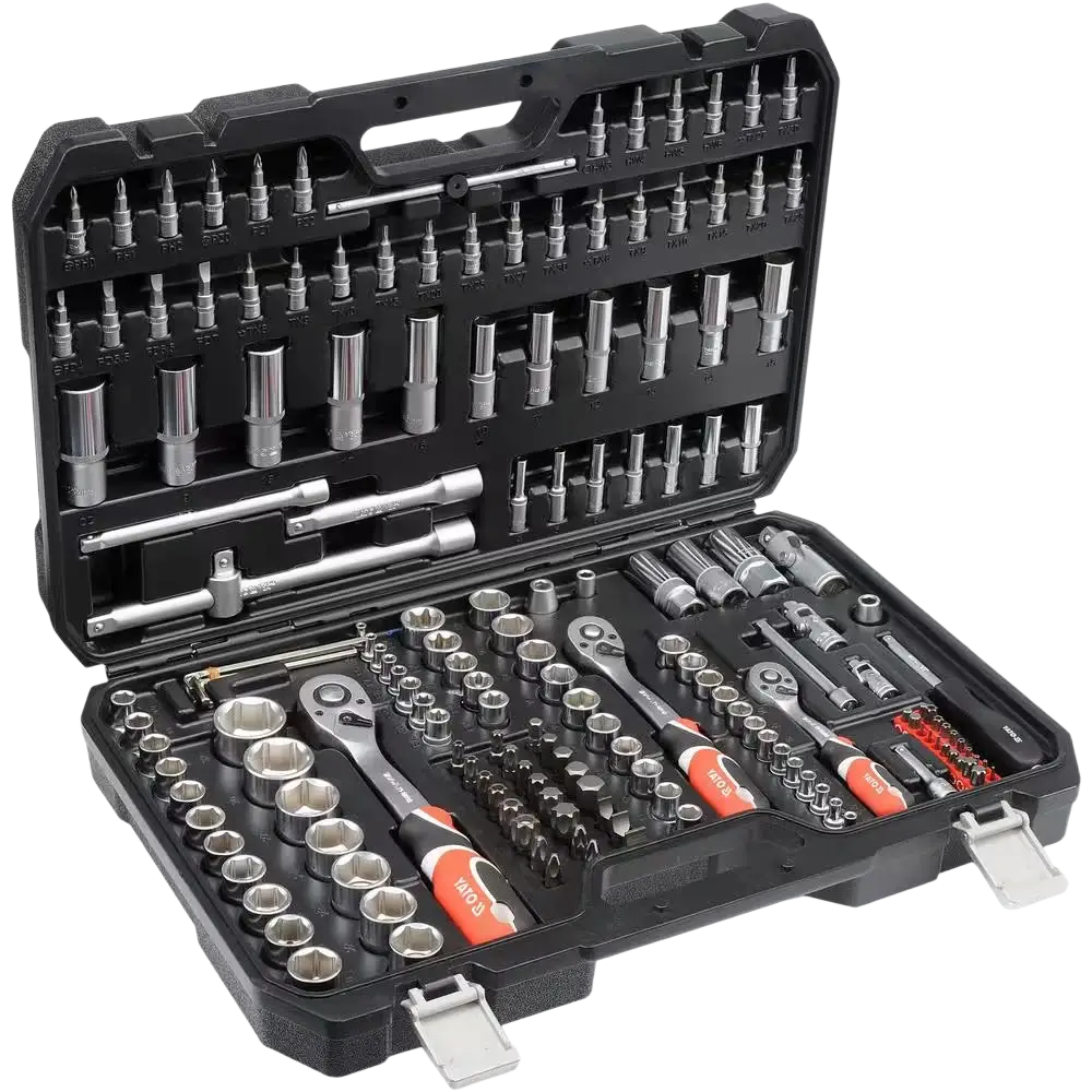Black plastic case containing yato hylsysarja 173 osaa 1/4 3/8 1/2 as-drive socket set with crv 50bv3 pitkät 6k-hylsyt chrome sockets and orange ratchets