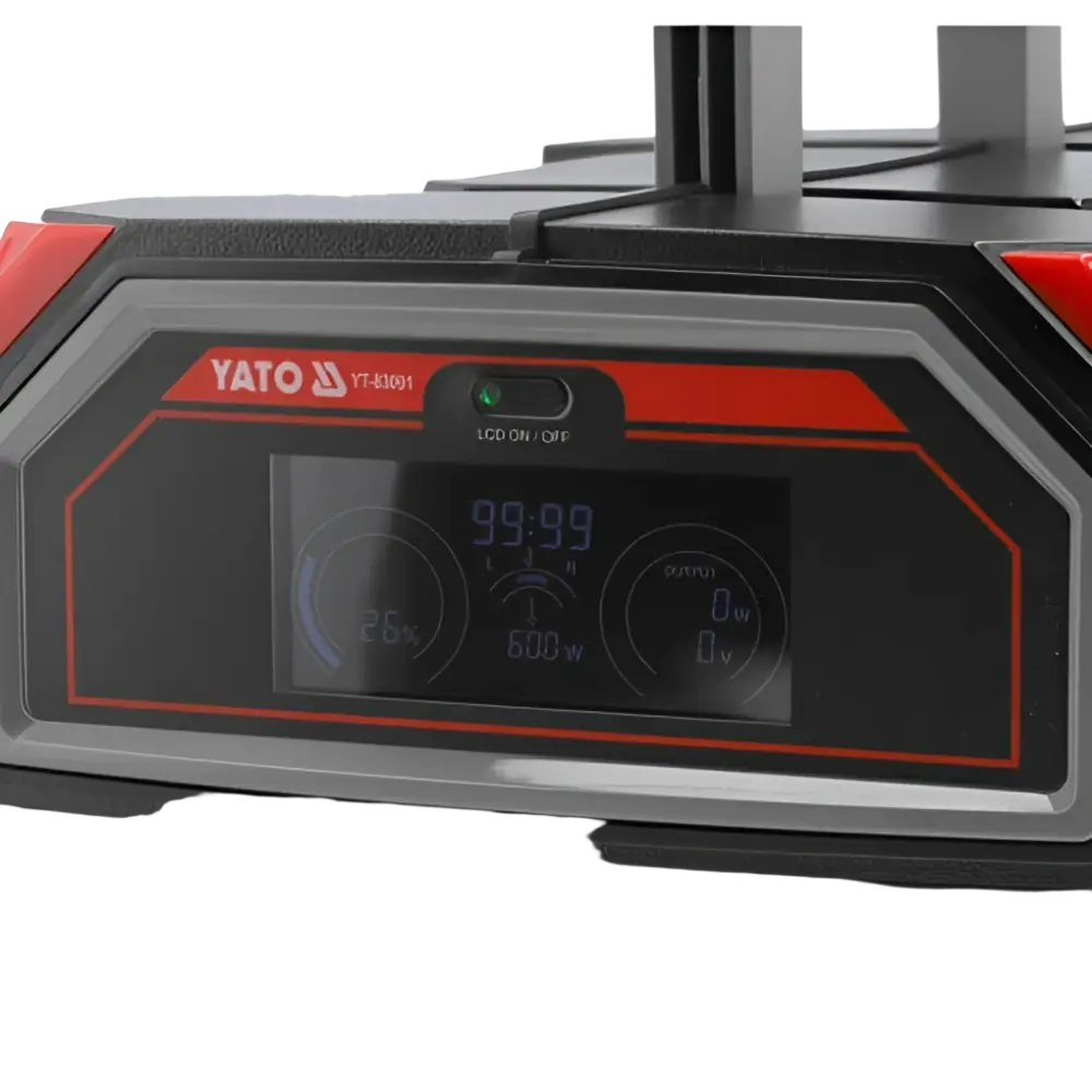 Yato kannettava virta-asema yt-3091 musta ja punainen näkyvällä digitaalisen näytön tilalla ja tehoarvoilla