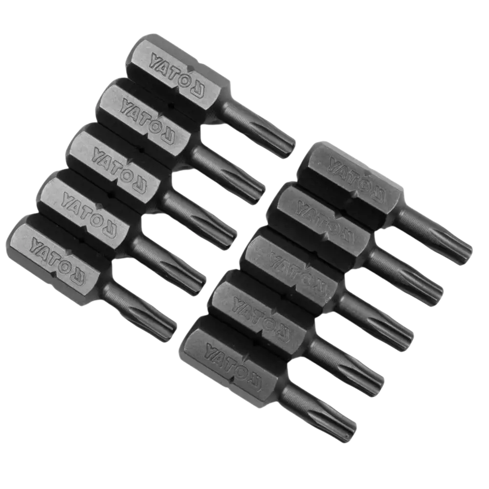 Set of black yato brand star-shaped torx screwdriver bits with non slip system 10 pieces t15 25 mm