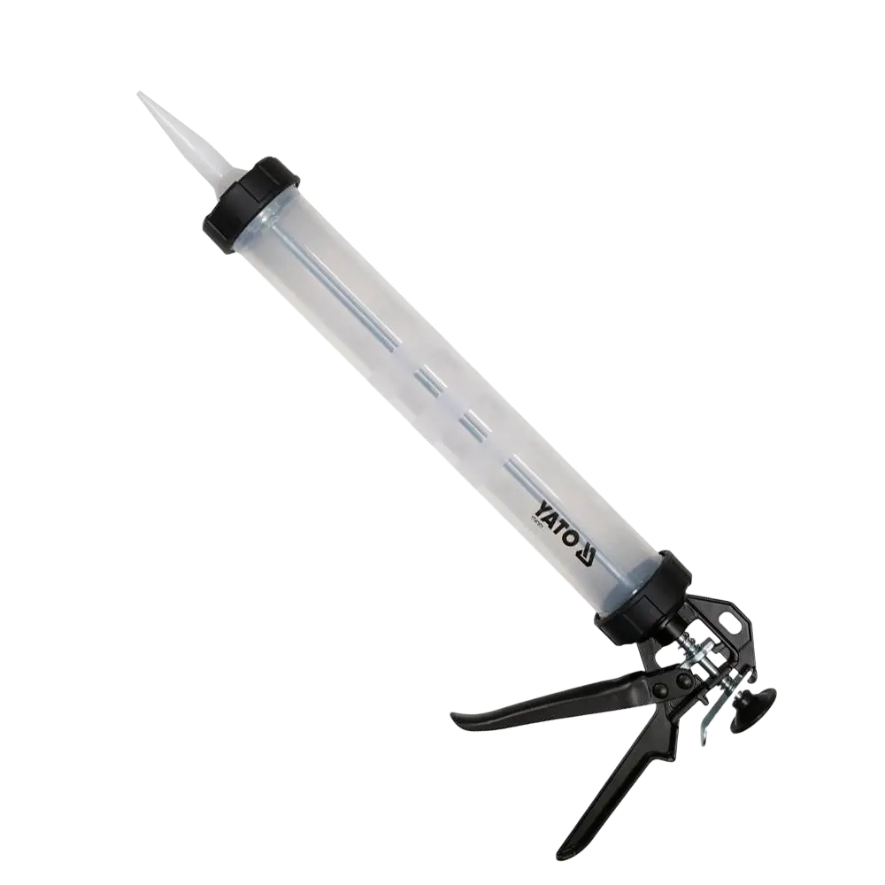 Clear plastic yato massapistooli with black handle and nozzle for paksujen massojen application 600 ml