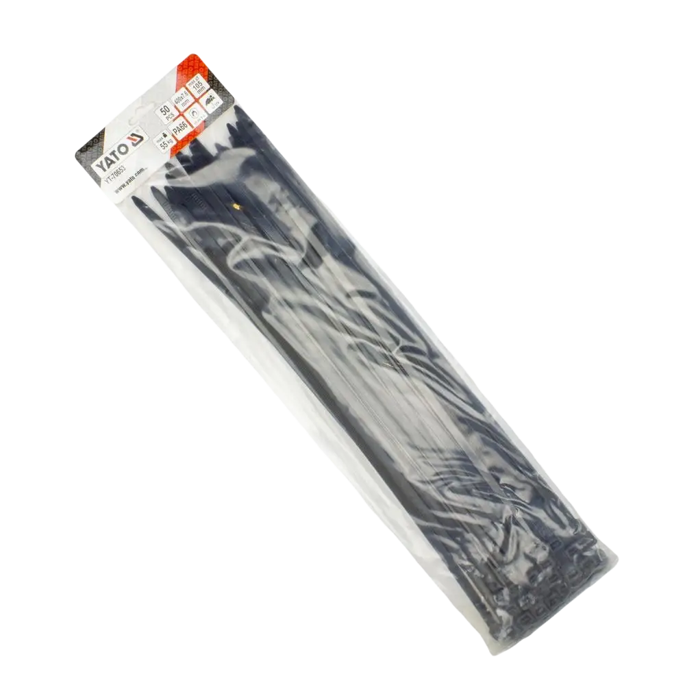A package of yato nippuside 400 x 7.6 mm cable ties in black musta 50kpl sealed in clear plastic with white and orange label