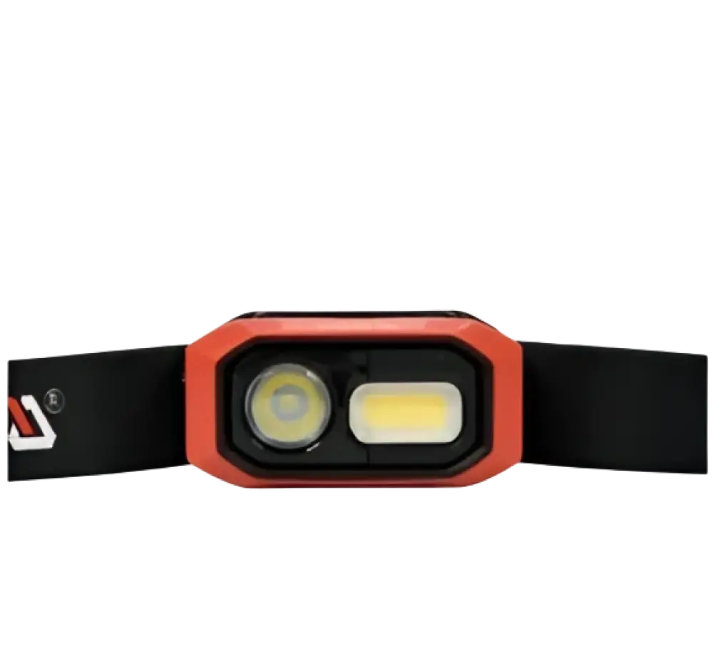 Orange and black yato otsalamppu ipx4 with dual led lights and säädettävä pääpanta featuring li-po akku