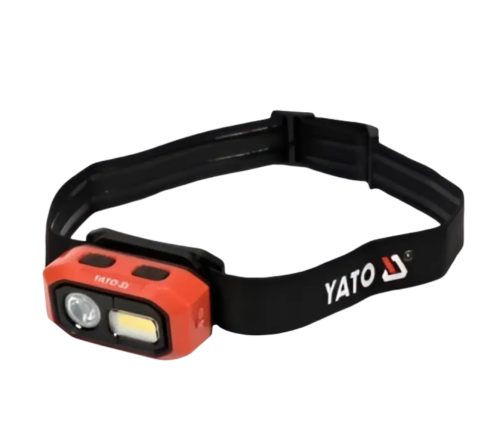Red and black yato otsalamppu ipx4 with säädettävä pääpanta and dual lighting options powered by li-po akku
