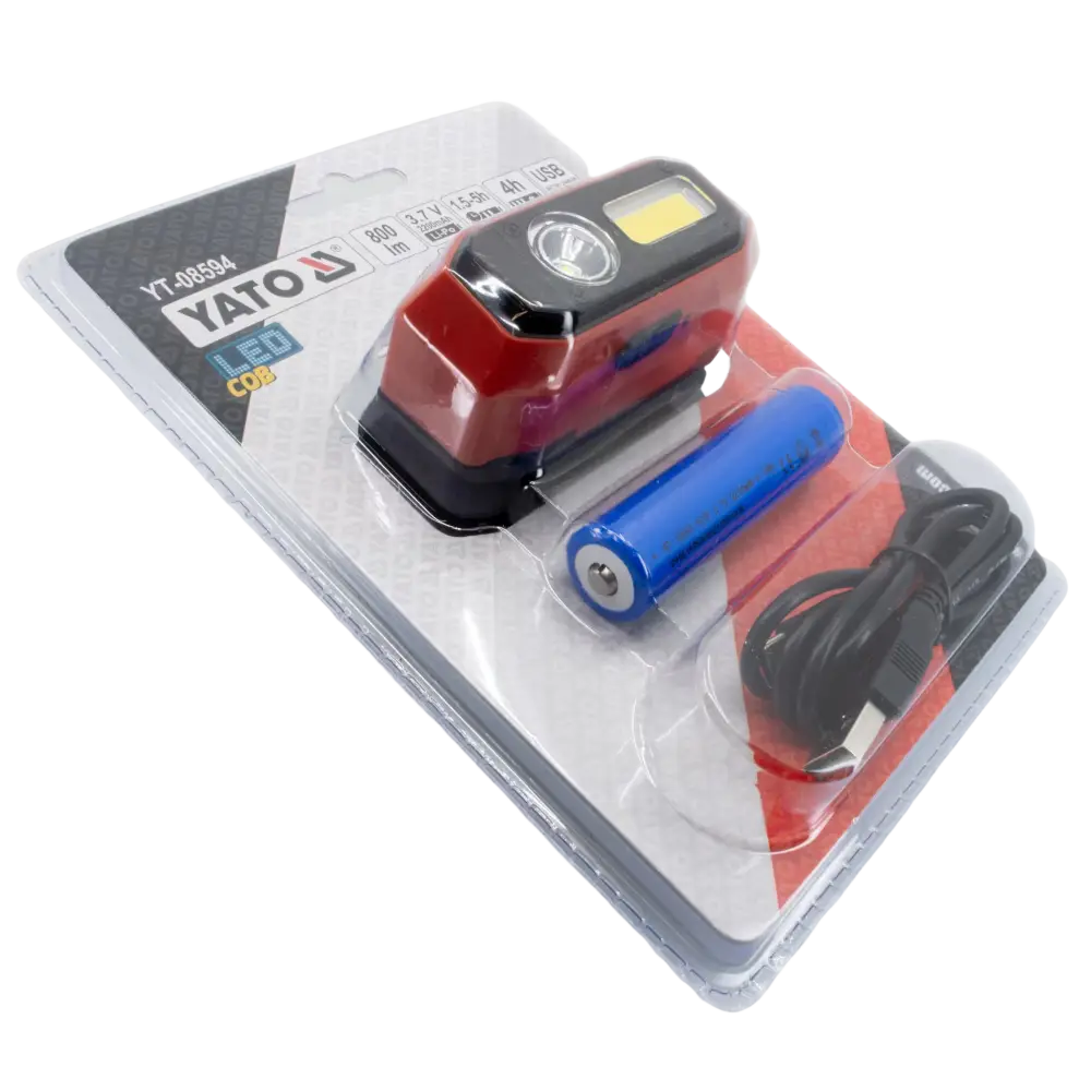 Yato otsalamppu red and black yt-08394 led cob headlamp with blue battery usb charging cable and magneettinen pohja