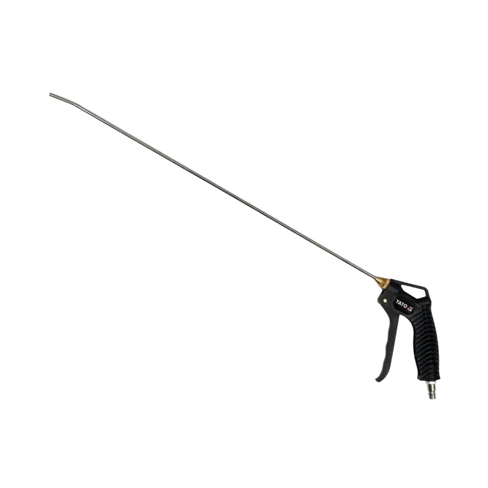 Yato puhalluspistooli mustalla ergonomisella kahvalla ja pitkällä metallisella suuttimella erilaisten työtilojen komponenttien puhdistamiseen