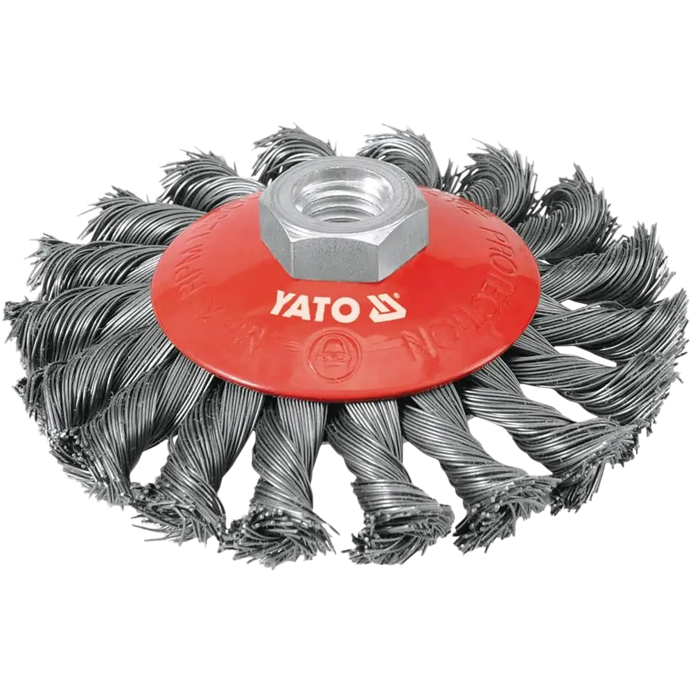 Yato pyöröharja m14 100 mm rst punottu wire brush with silver hexagonal nut and tightly wound metallic bristles