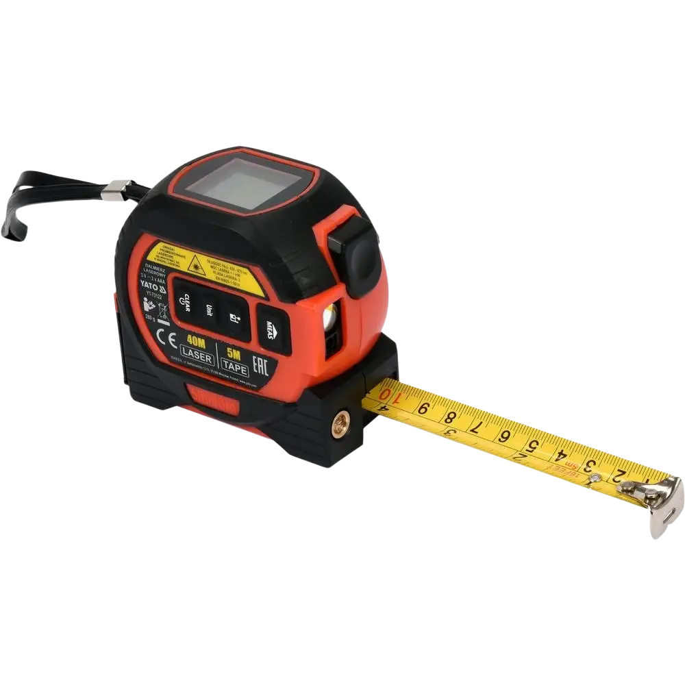 Yato rullamitta 5 m 19 mm oranssi musta digitaalinen laserteippi keltainen mittalapala yato 3-in-1 pythagoraan lause