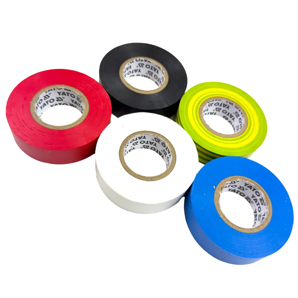 Viisi rullaa yato sähköteippiä 19 mm x 20 m eri väreissä pysyy tiukasti kiinni ja on 0.13 mm paksu