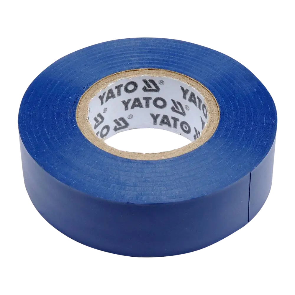 Sininen yato sähköteippi 19 mm x 20 m, teksturoidulla pinnalla ja painetulla sisäkehällä, pysyy tiukasti kiinni ja kestää vaihtelevia sääolosuhteita