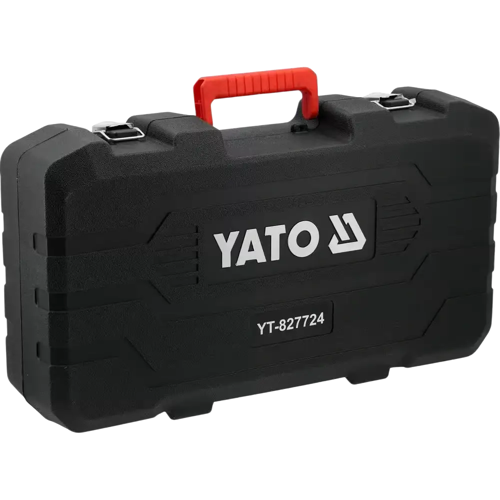 Mustalla yato yt-827724 työkalulaukulla jossa punainen kahva ja hopeiset lukot harjattomalla moottorilla varustettu akkuporavasarasarja