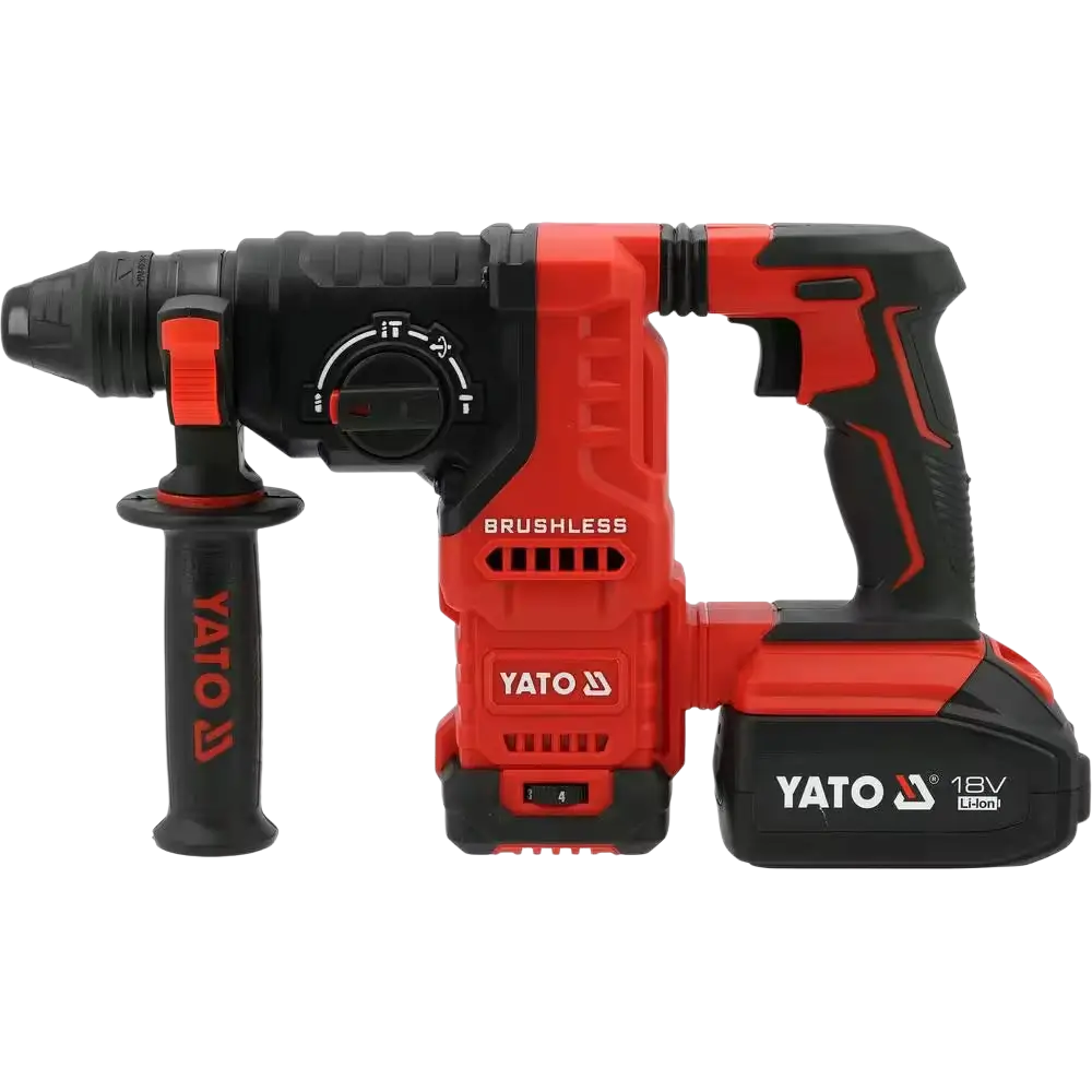 Punainen ja musta yato yt-827724 harjattomalla moottorilla varustettu 18v li-ion SDS+ akkuporavasara ergonomisella kahvalla