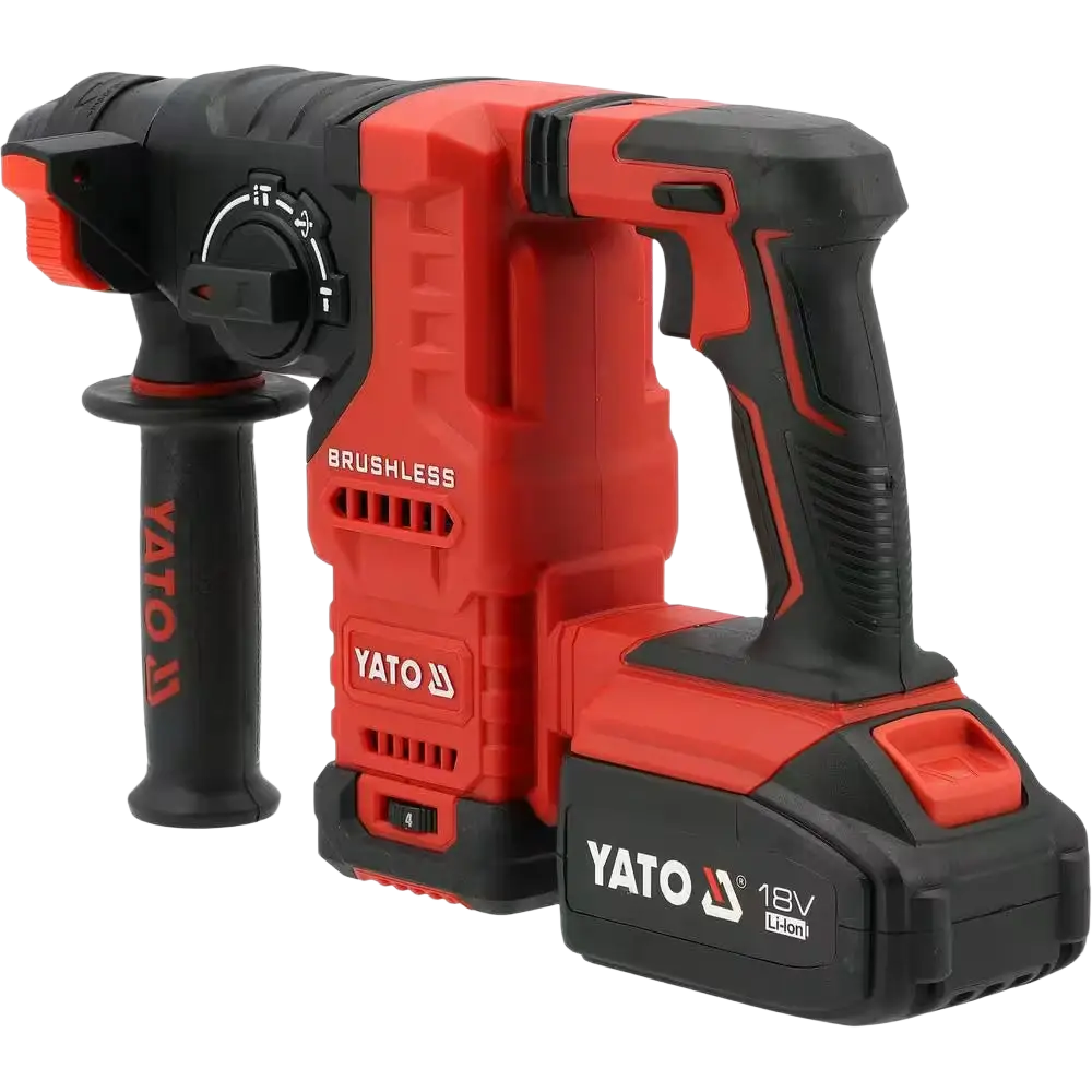 Yato yt-827724 harjattomalla moottorilla varustettu 18v punamusta sds akkuporavasara teksturoidulla kahvalla