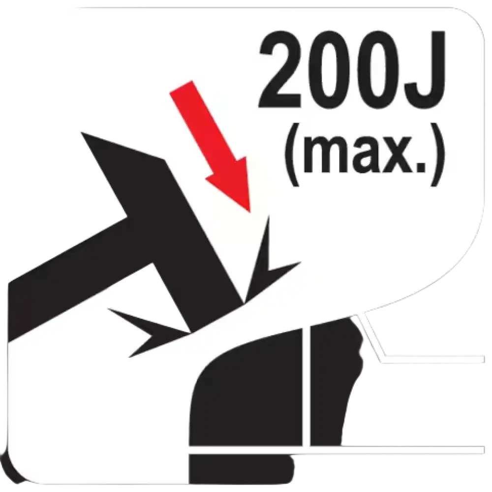 Musta valkoinen grafiikka kuvaa vasaraa iskemässä kohdetta 200j max yato turvakumisaappaat portland s5 pvc antistaattinen