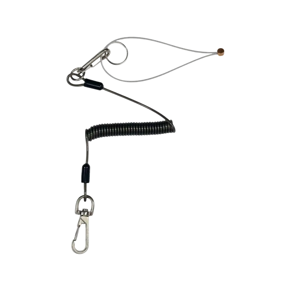 Hopealangasta valmistettu hopeanvärinen kierretty yato-työkalun turvahihna mustilla muoviliittimillä ja metallisilla karabiinilukoilla hihnan pituus 52-170 cm käyttäjän varusteisiin enintään 3 kg painaville työkaluille